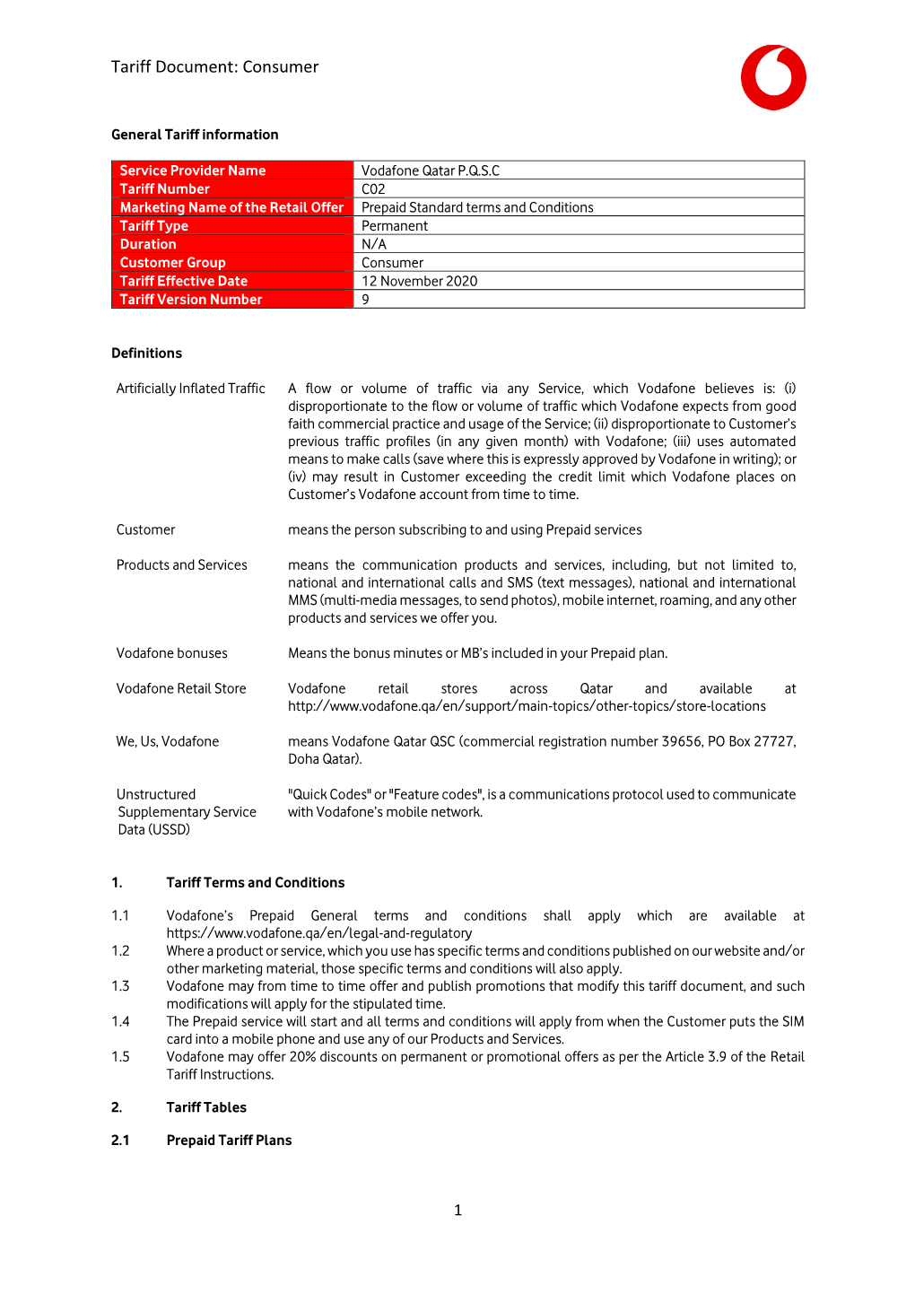 Tariff Document: Consumer