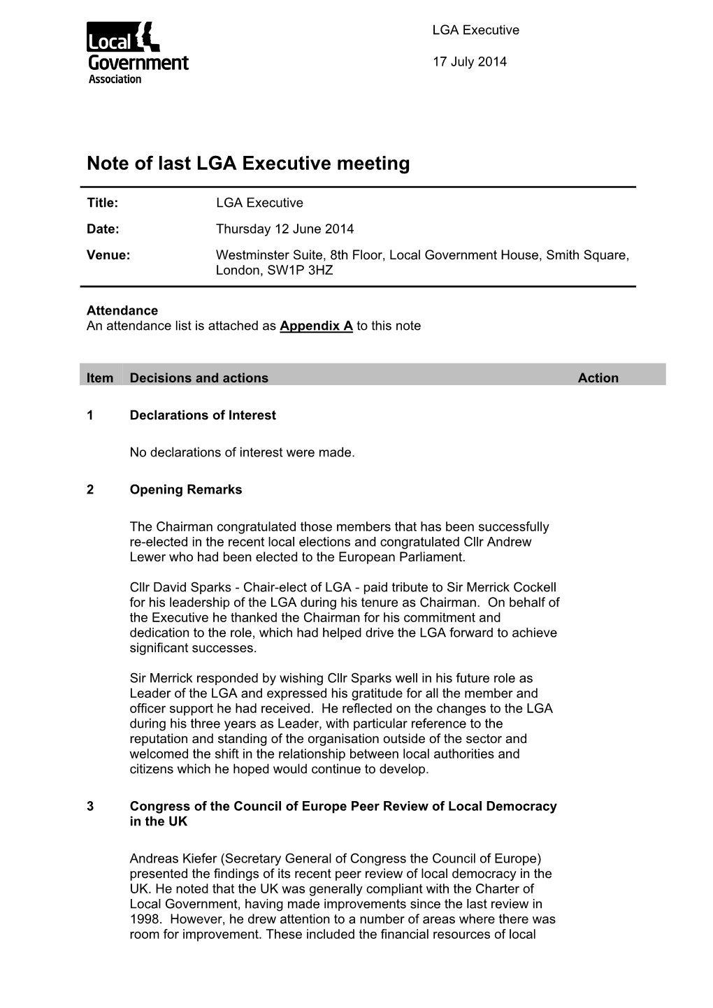 Note of Last LGA Executive Meeting