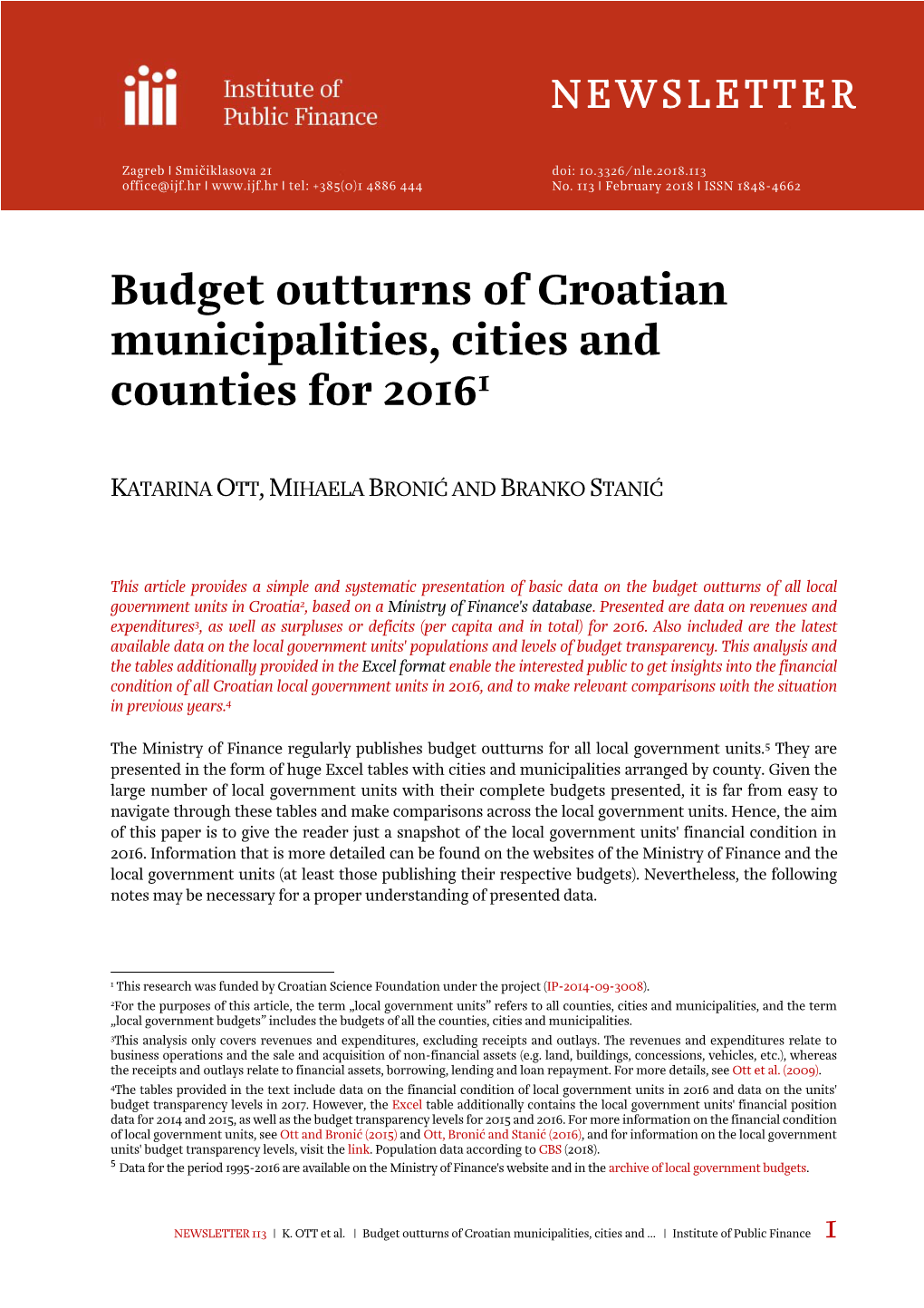 Budget Outturns of Croatian Municipalities, Cities and Counties for 20161