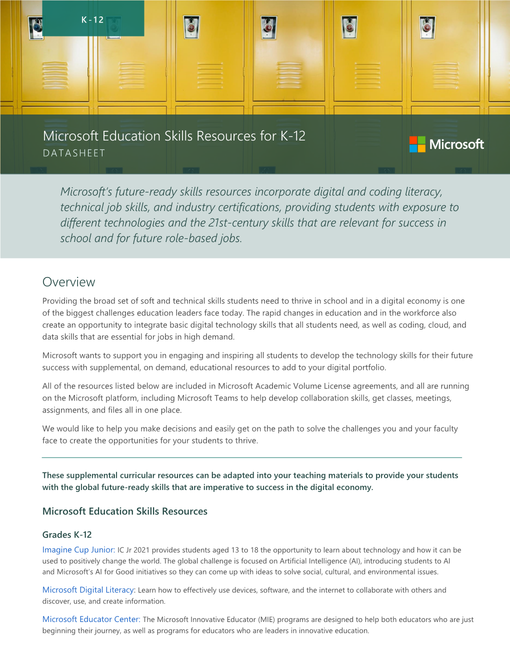 Microsoft Education Skills Resources for K-12 DATASHEET