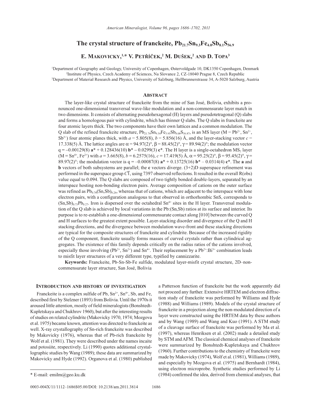 The Crystal Structure of Franckeite, Pb21.7Sn9.3Fe4.0Sb8.1S56.9