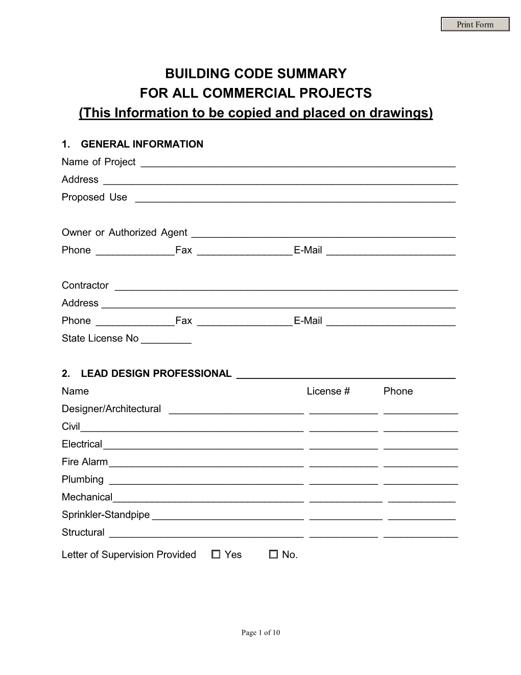 Building Code Summary Form