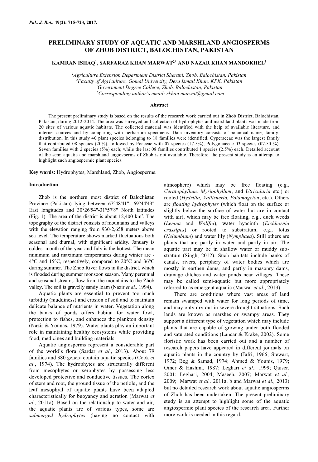 Preliminary Study of Aquatic and Marshland Angiosperms of Zhob District, Balochistan, Pakistan