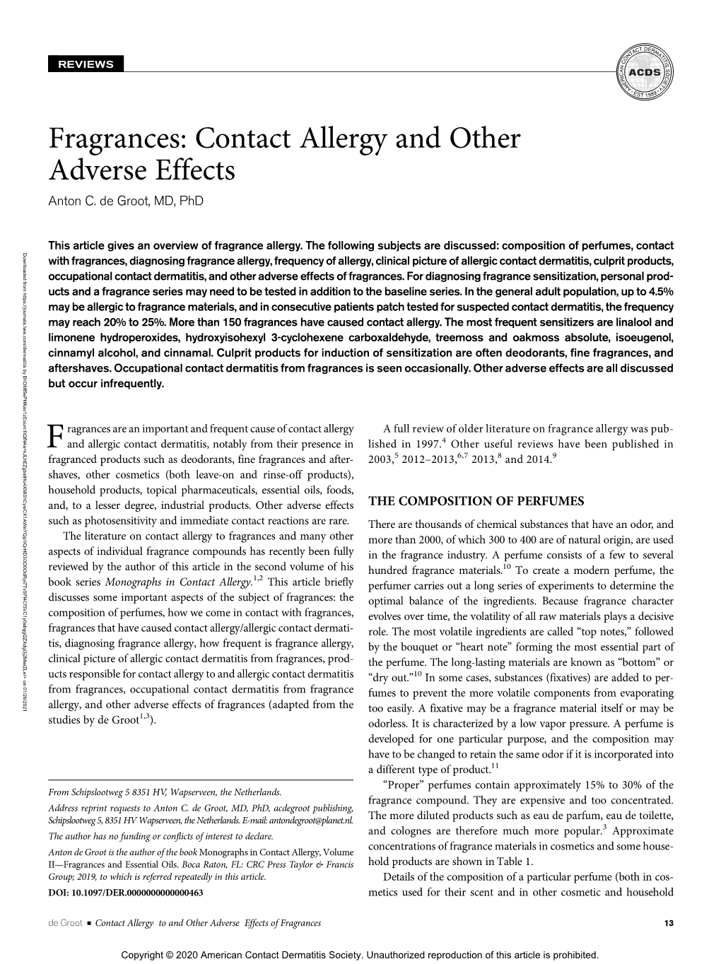 Fragrances: Contact Allergy and Other Adverse Effects
