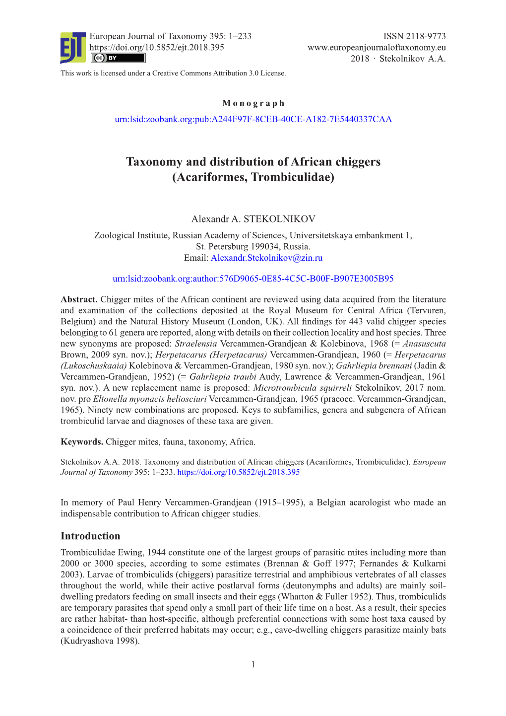 Taxonomy and Distribution of African Chiggers (Acariformes, Trombiculidae)