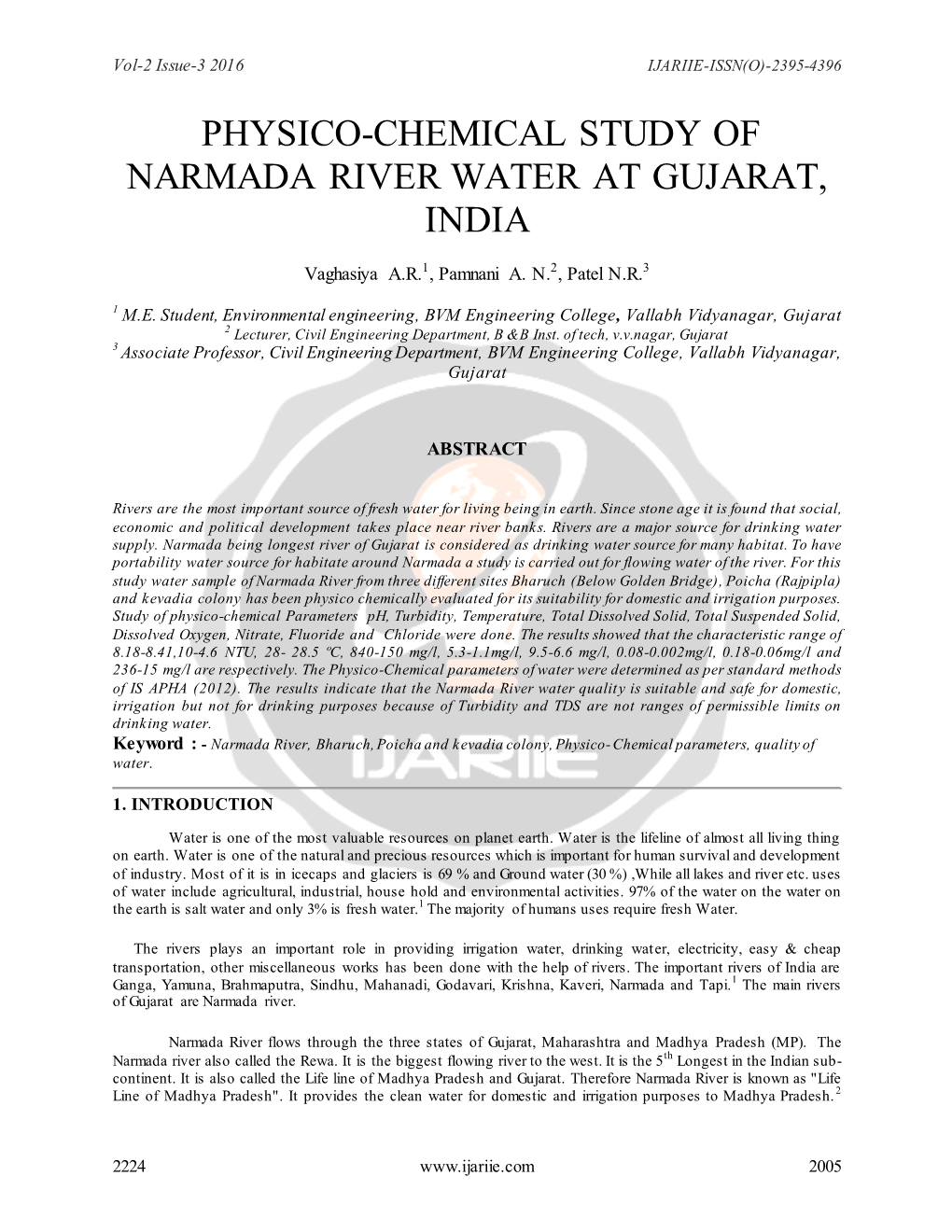 Physico-Chemical Study of Narmada River Water at Gujarat, India