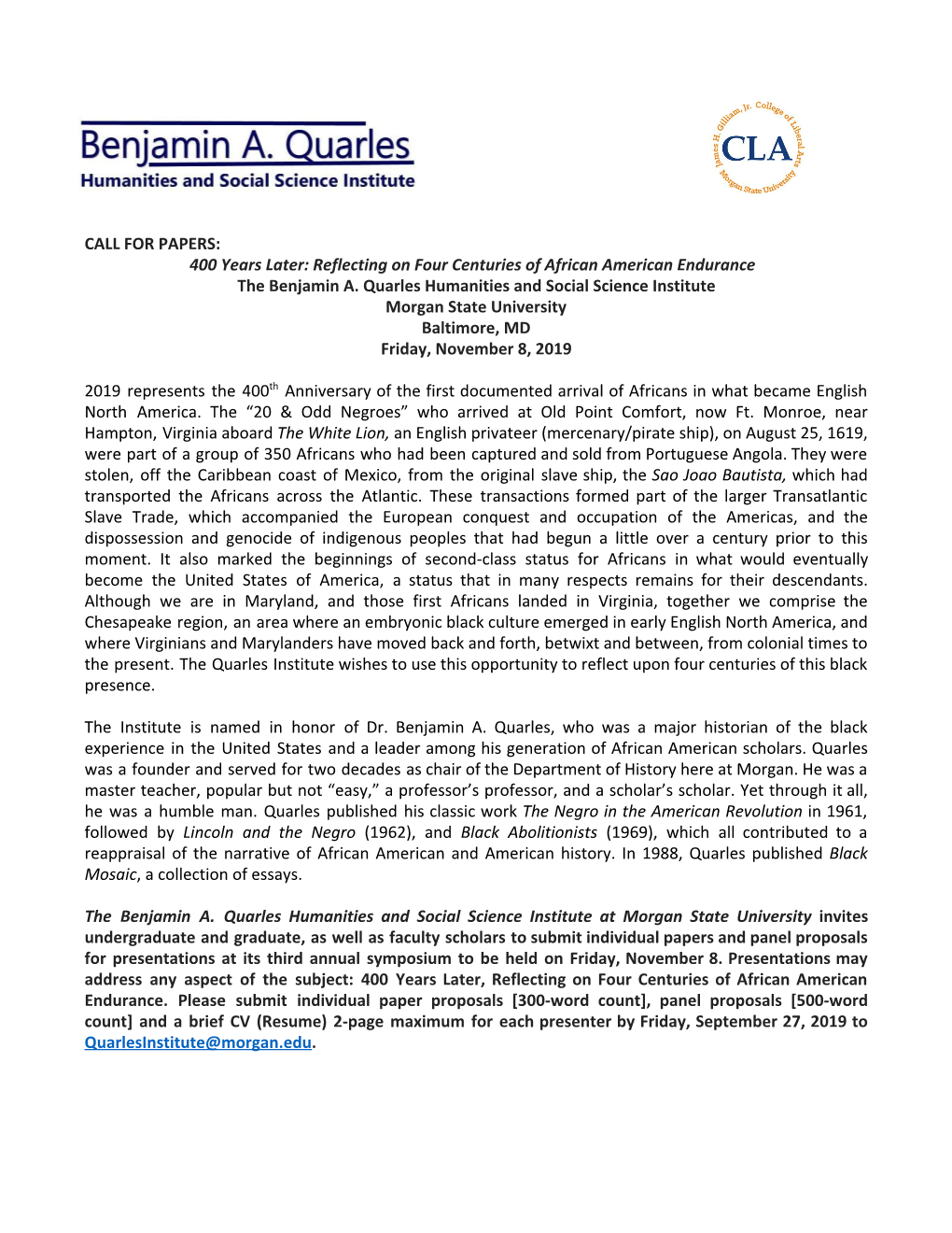 CALL for PAPERS: 400 Years Later: Reflecting on Four Centuries of African American Endurance the Benjamin A. Quarles Humanities