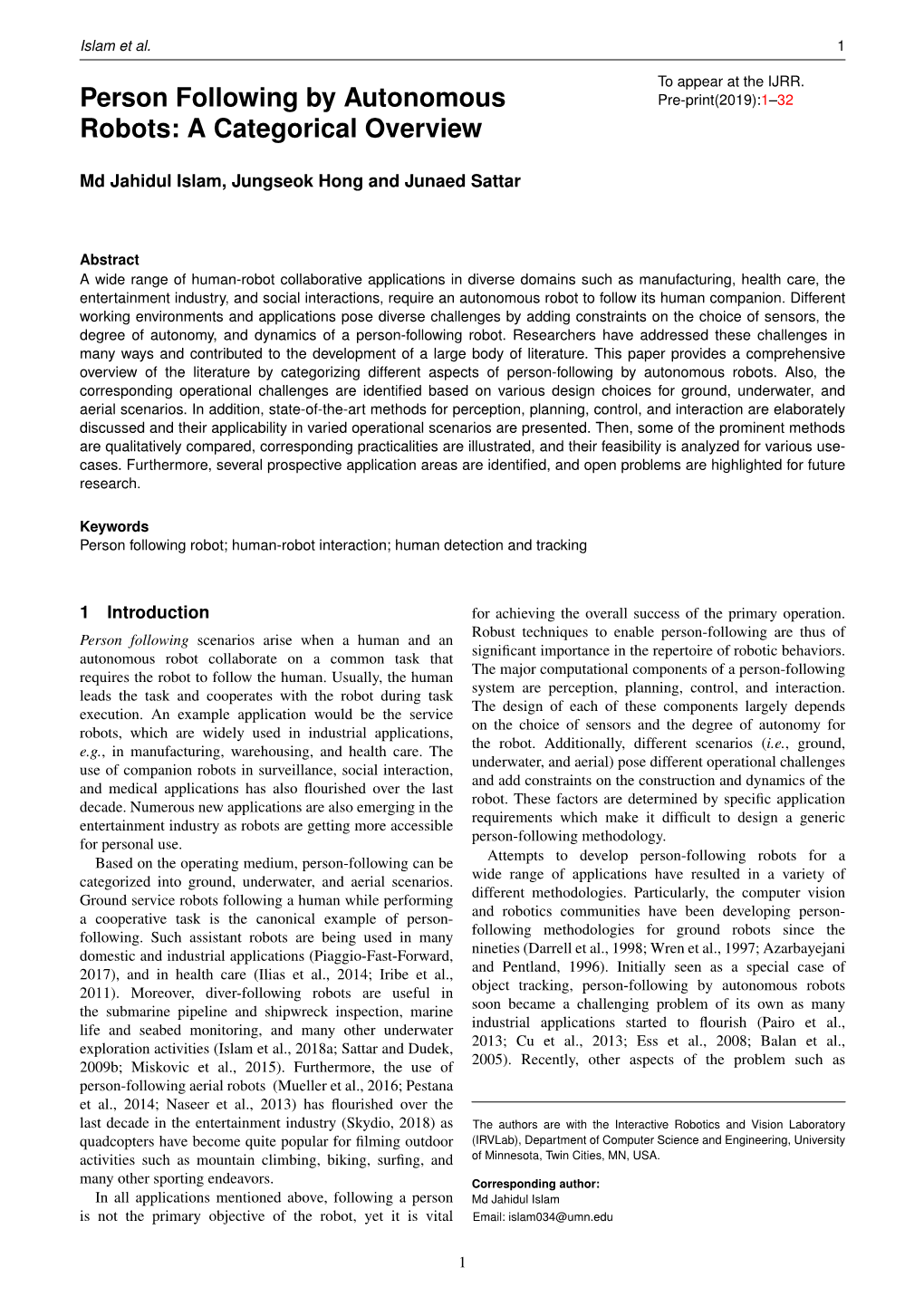 Person Following by Autonomous Robots: a Categorical Overview