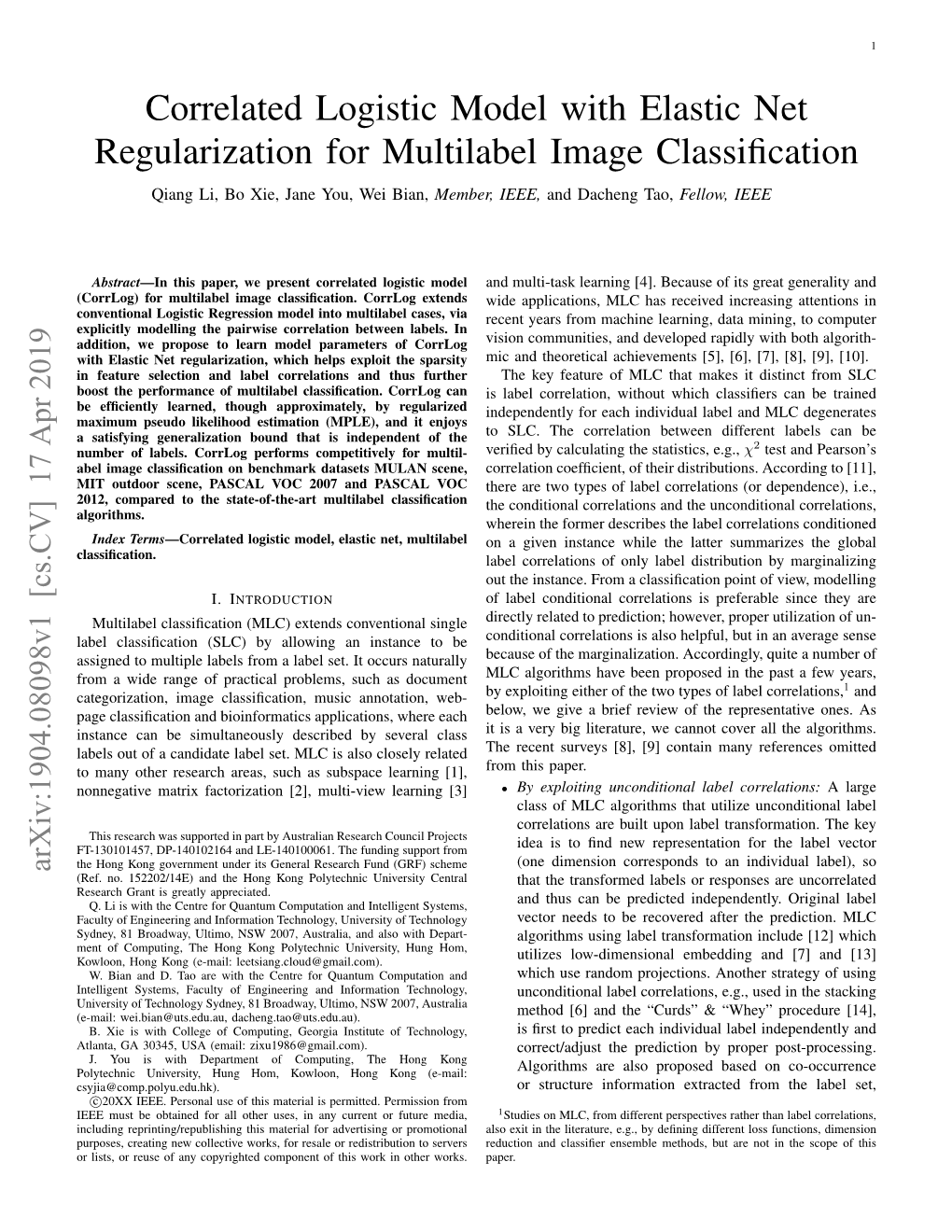 Correlated Logistic Model with Elastic Net Regularization for Multilabel