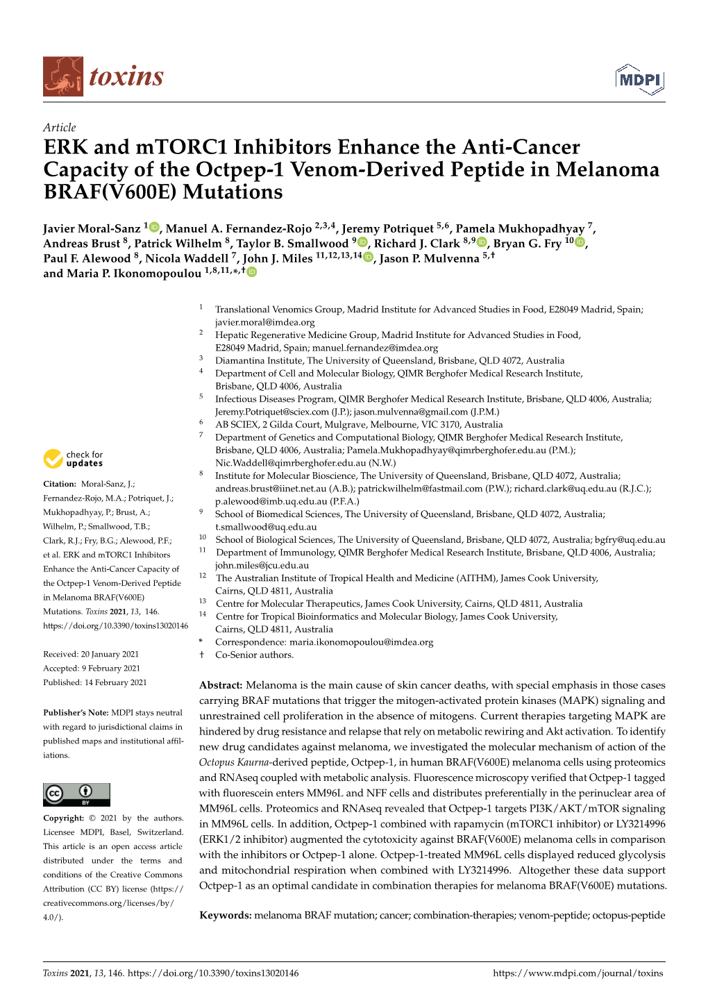 ERK and Mtorc1 Inhibitors Enhance the Anti-Cancer Capacity of the Octpep-1 Venom-Derived Peptide in Melanoma BRAF(V600E) Mutations