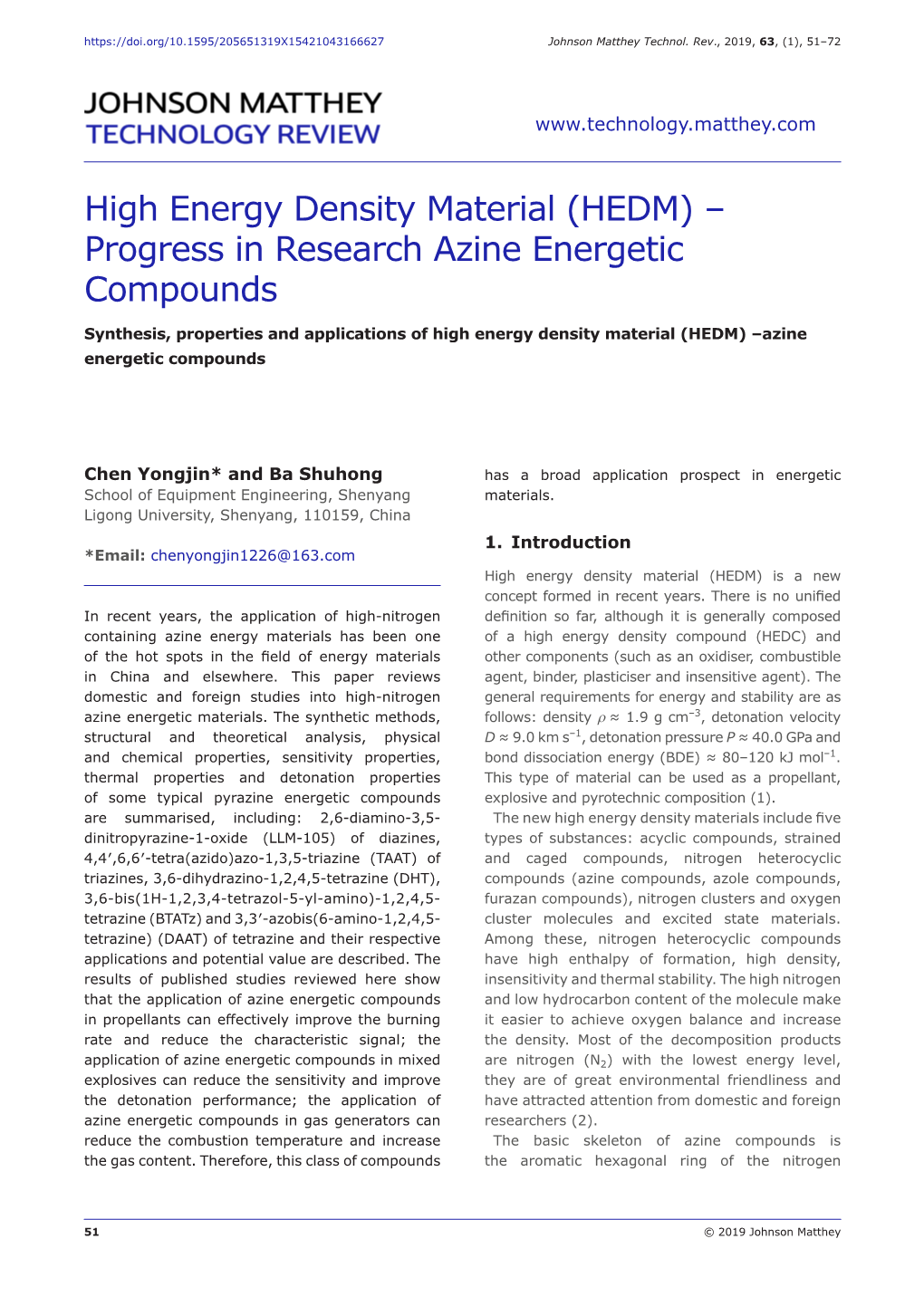 High Energy Density Material (HEDM) – Progress in Research Azine Energetic Compounds