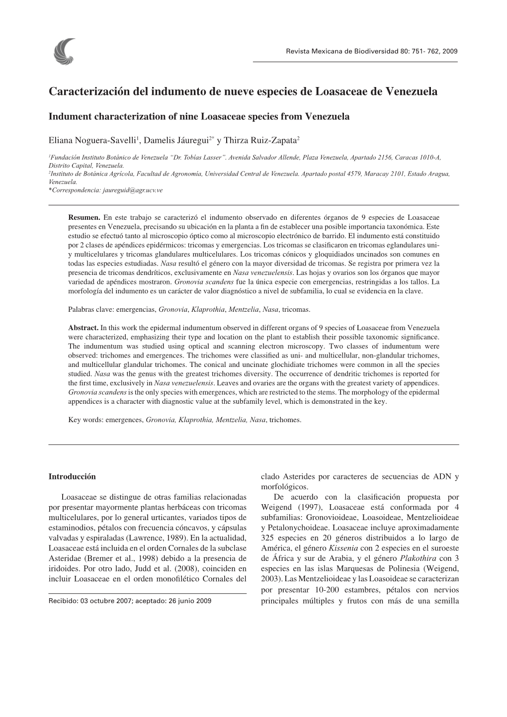 Caracterización Del Indumento De Nueve Especies De Loasaceae De Venezuela