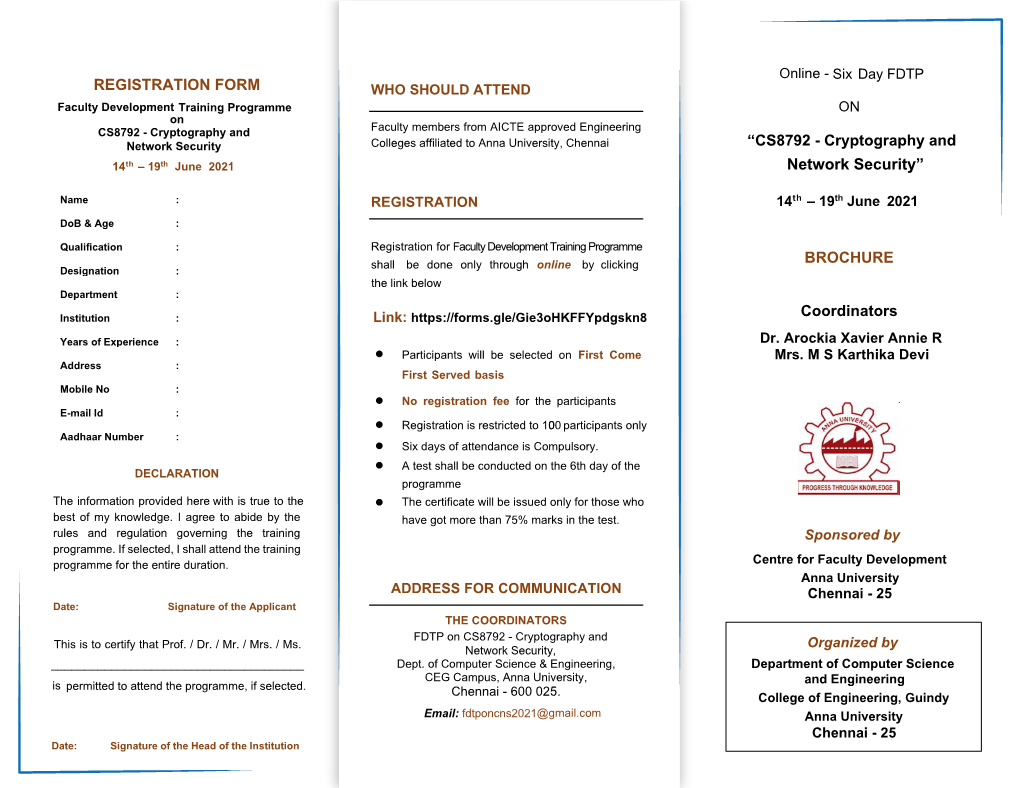 Cryptography and Network Security Colleges Affiliated to Anna University, Chennai “CS8792 - Cryptography and Th Th 14 – 19 June 20 21 Network Security”
