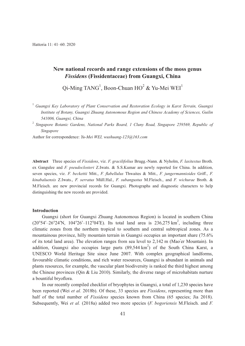 New National Records and Range Extensions of the Moss Genus Fissidens (Fissidentaceae) from Guangxi, China