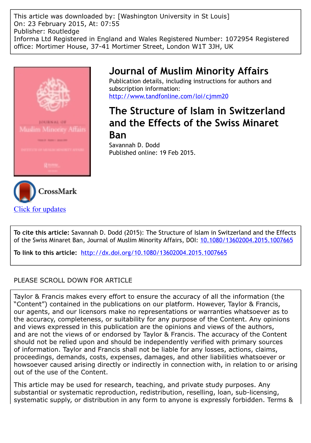 The Structure of Islam in Switzerland and the Effects of the Swiss Minaret Ban Savannah D