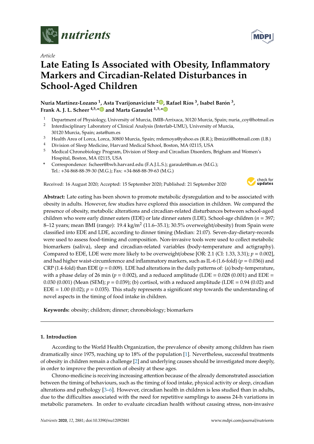 Late Eating Is Associated with Obesity, Inflammatory Markers and Circadian-Related Disturbances in School-Aged Children