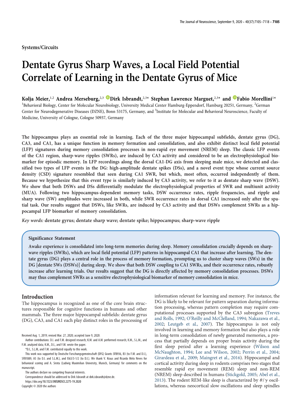 Dentate Gyrus Sharp Waves, a Local Field Potential Correlate of Learning in the Dentate Gyrus of Mice