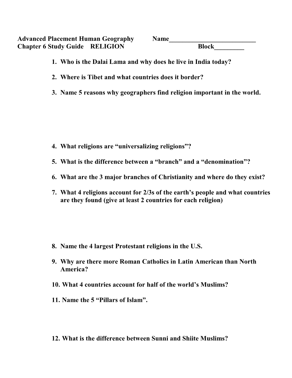 A P Geography Chapter 6 Study Guide Religion