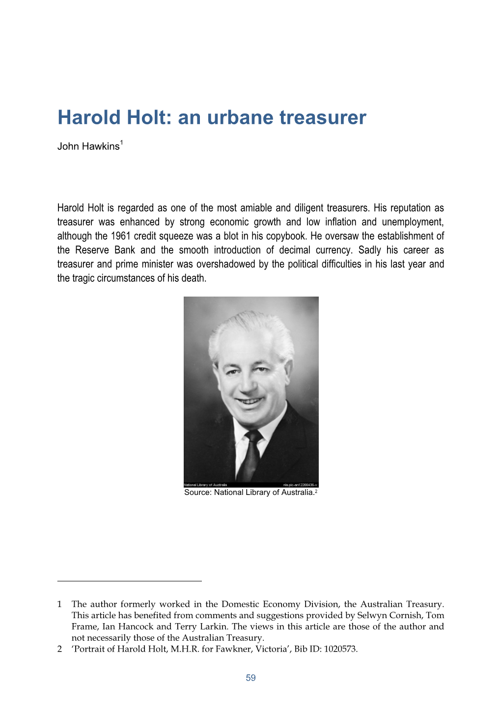 Harold Holt: an Urbane Treasurer