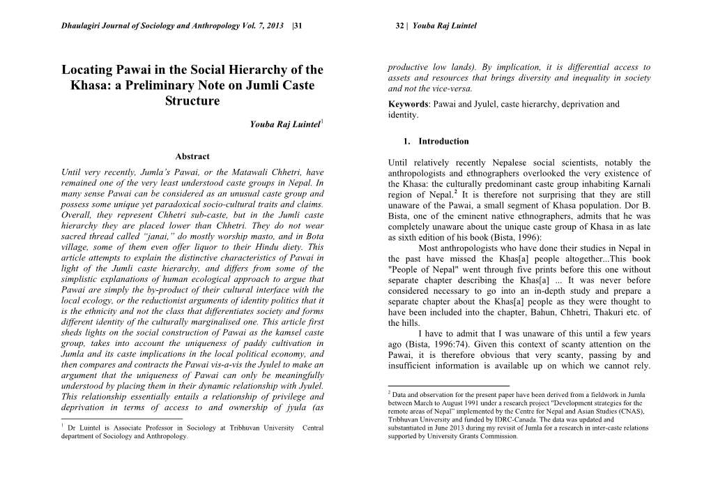 A Preliminary Note on Jumli Caste Structure