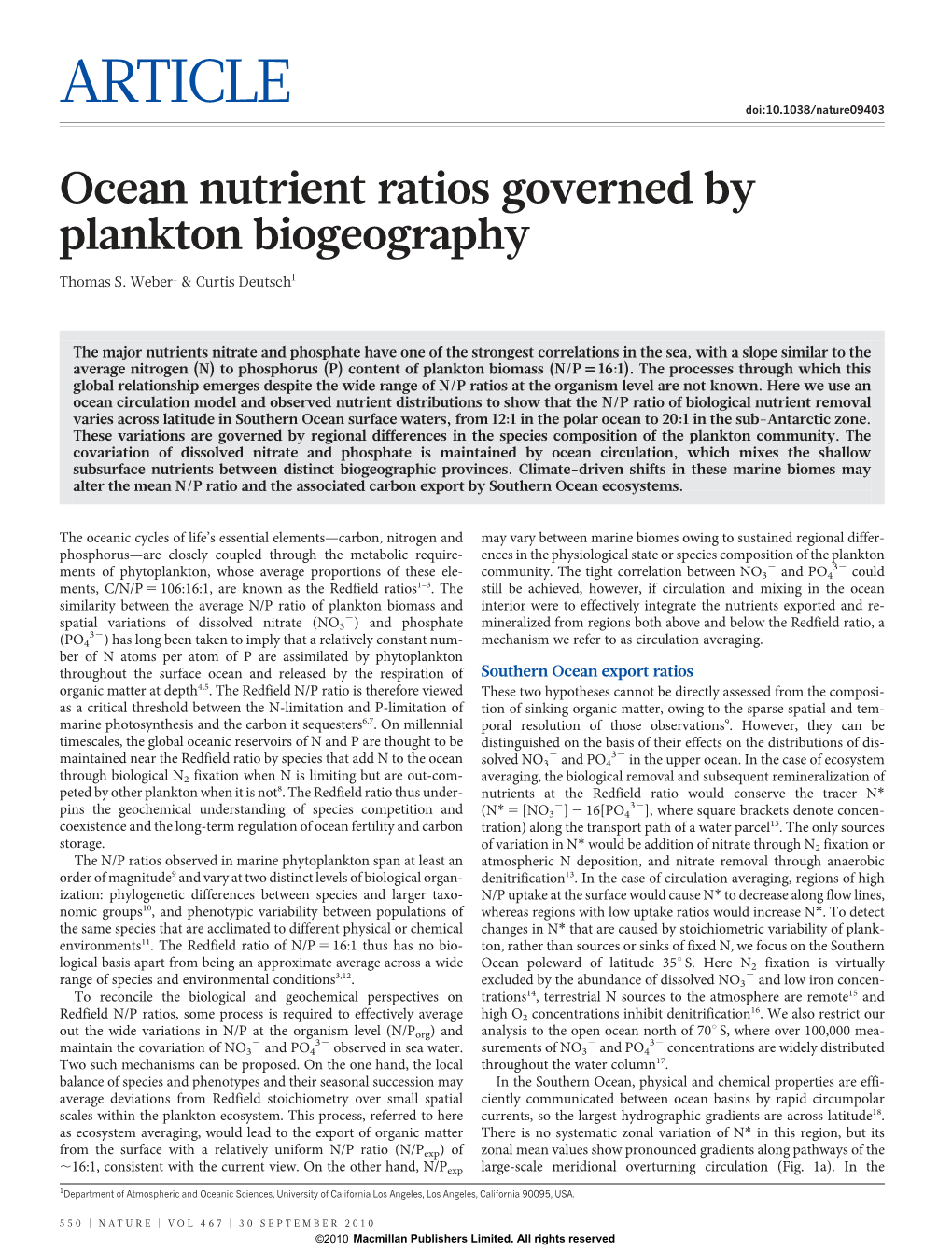 Ocean Nutrient Ratios Governed by Plankton Biogeography