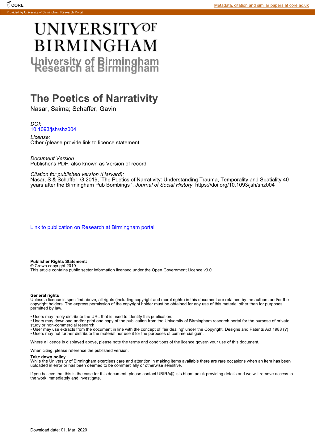 University of Birmingham the Poetics of Narrativity