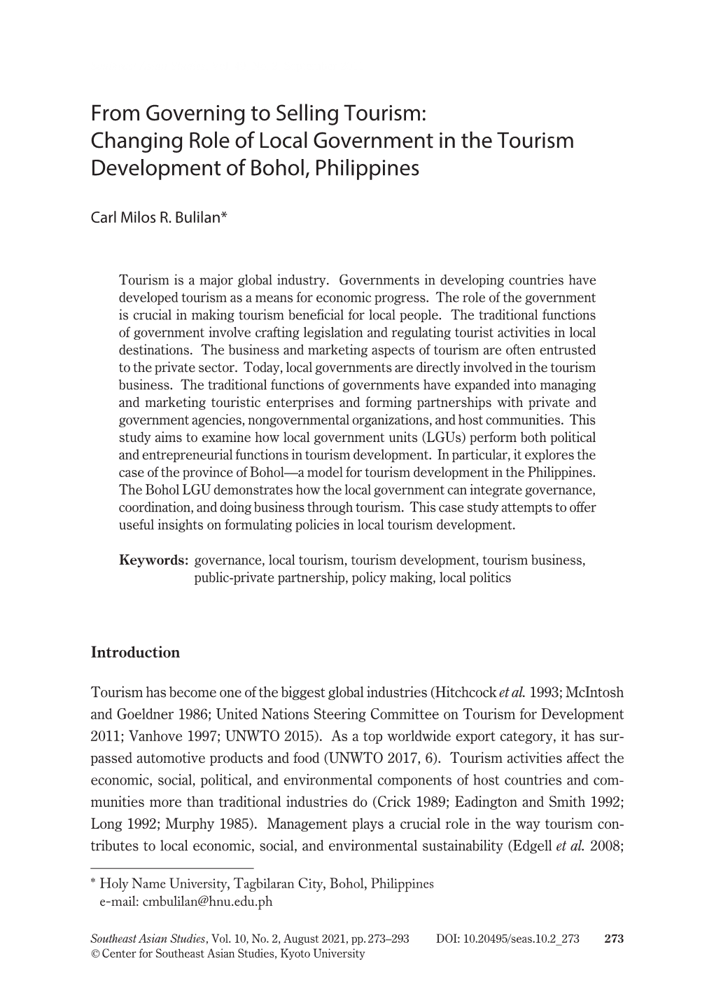 From Governing to Selling Tourism: Changing Role of Local Government in the Tourism Development of Bohol, Philippines