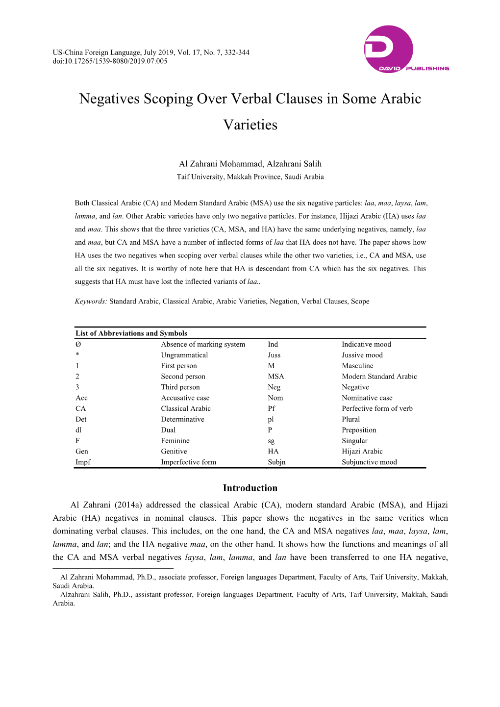 Negatives Scoping Over Verbal Clauses in Some Arabic Varieties