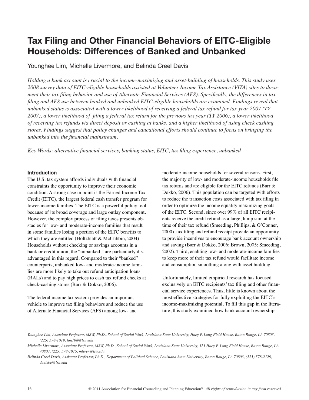 Tax Filing and Other Financial Behaviors of EITC-Eligible Households: Differences of Banked and Unbanked