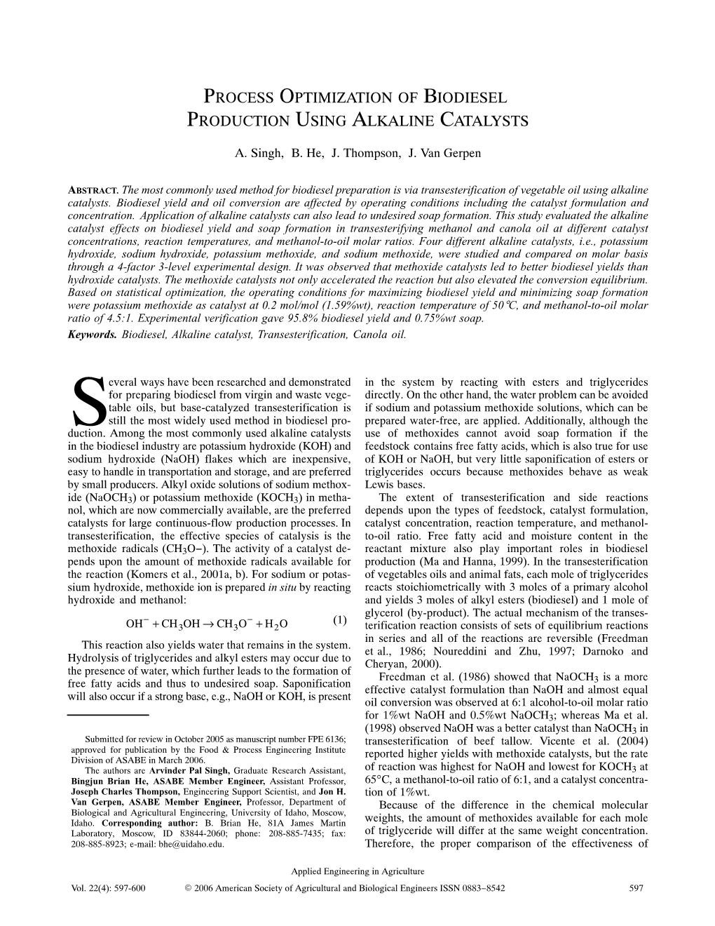 Process Optimization of Biodiesel Production Using Alkaline Catalysts