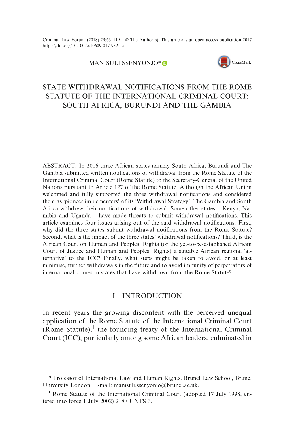 State Withdrawal Notifications from the Rome Statute of the International Criminal Court: South Africa, Burundi and the Gambia