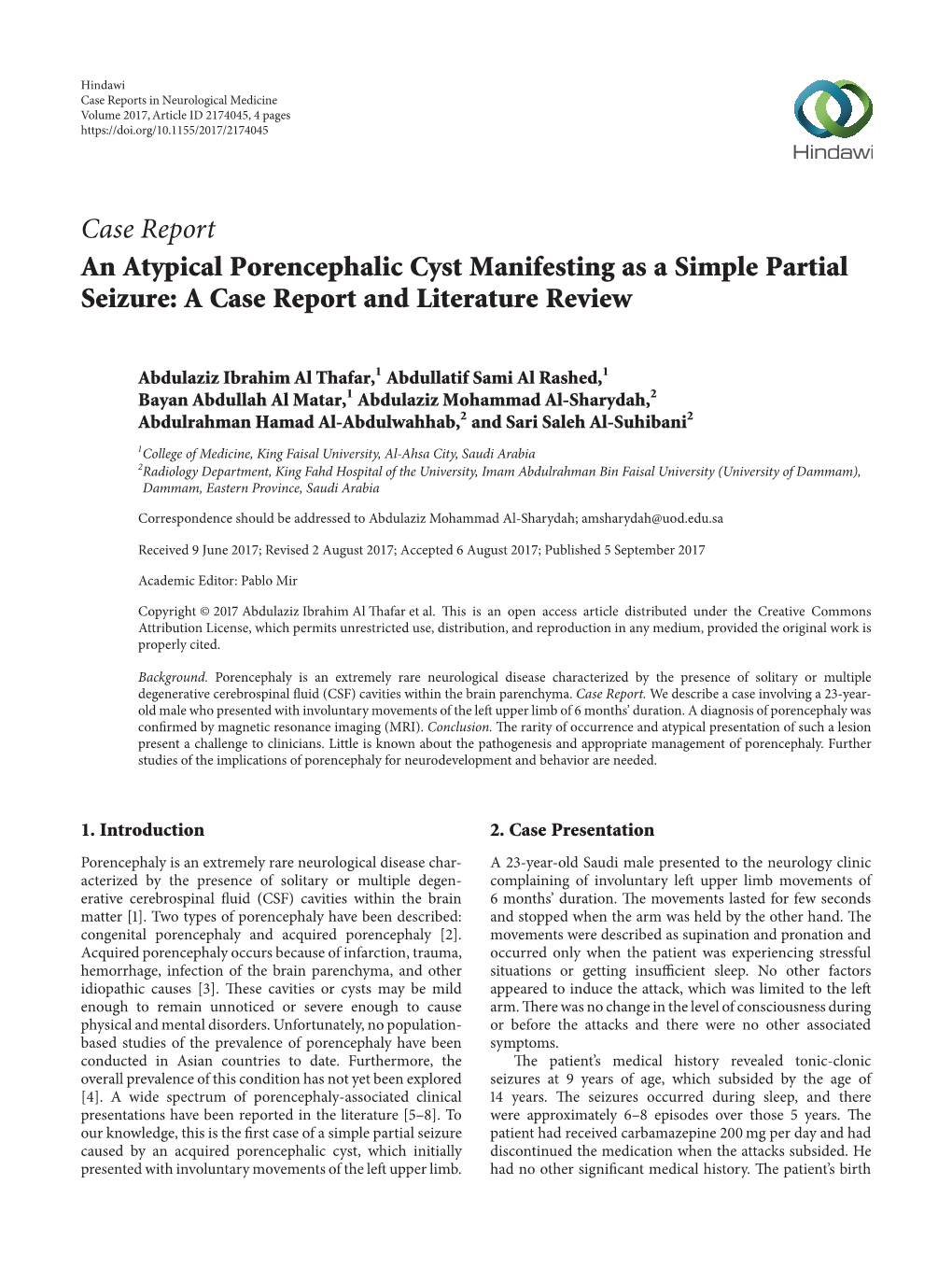 An Atypical Porencephalic Cyst Manifesting As a Simple Partial Seizure: a Case Report and Literature Review