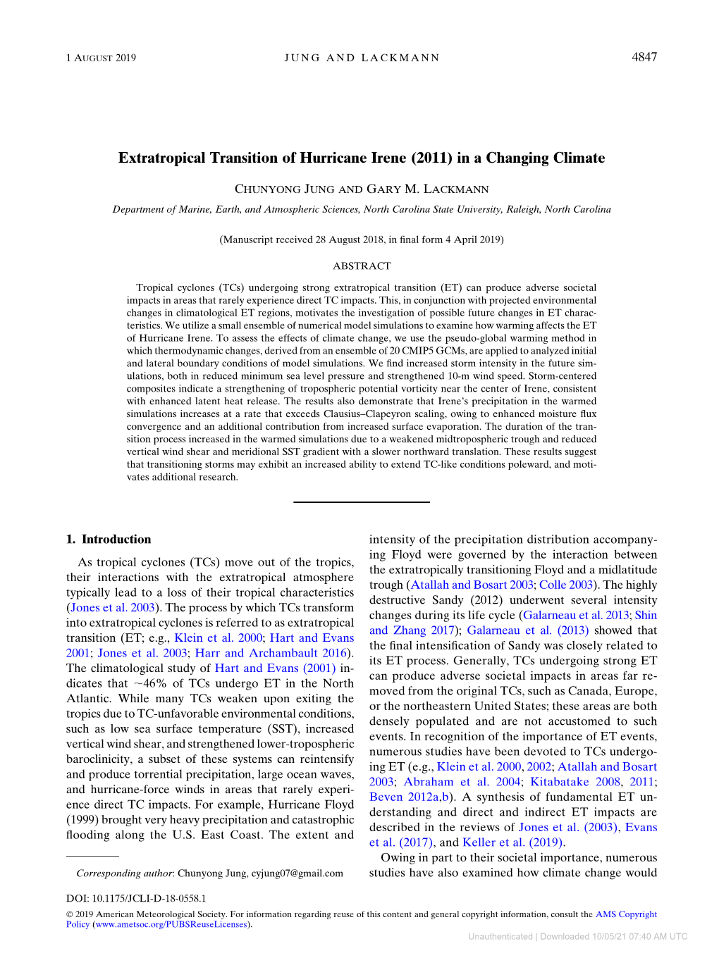 Extratropical Transition of Hurricane Irene (2011) in a Changing Climate