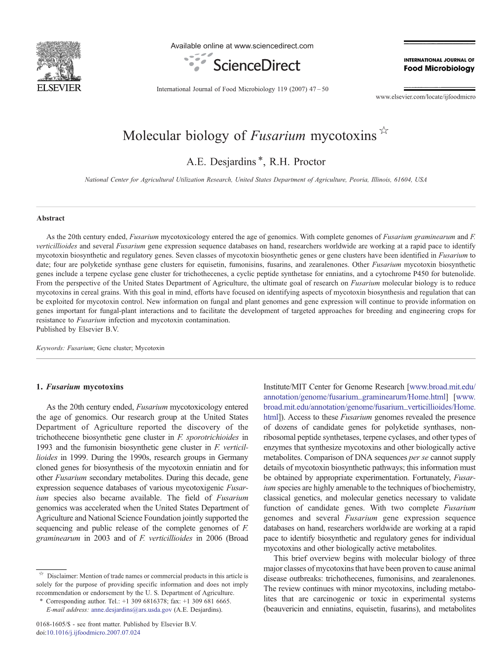 Molecular Biology of Fusarium Mycotoxins ☆ ⁎ A.E