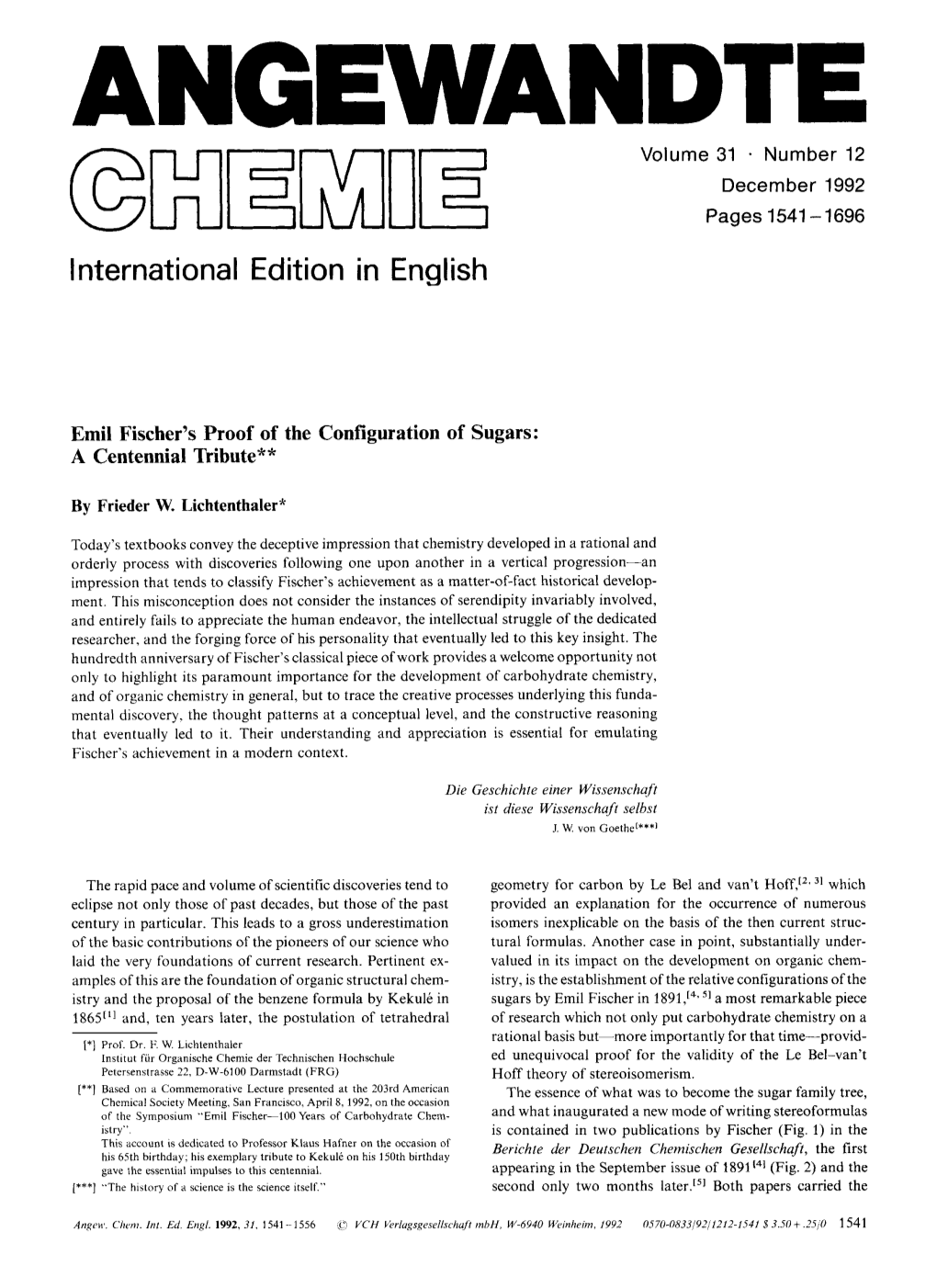 Emil Fischer's Proof of the Configuration of Sugars