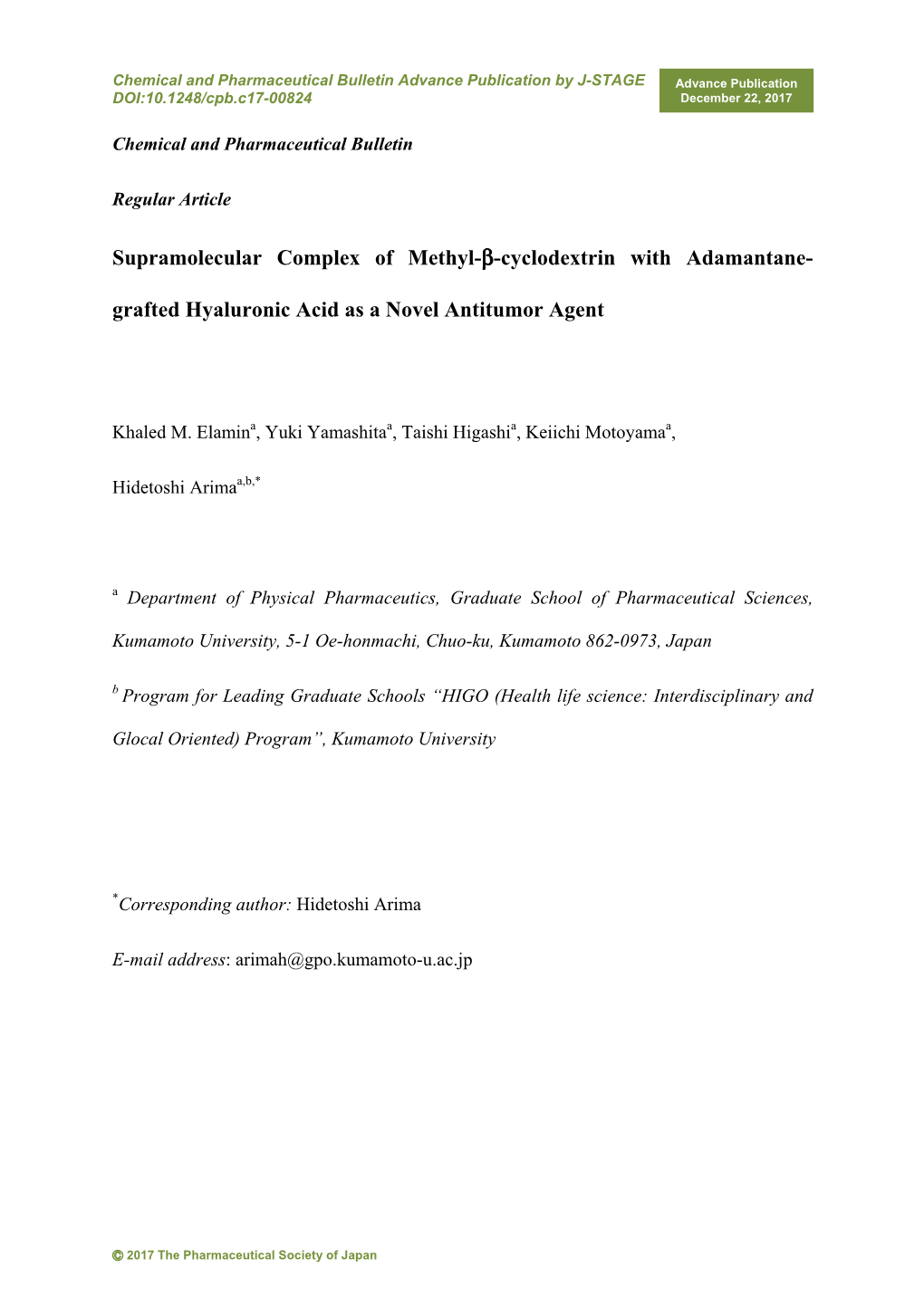 Supramolecular Complex of Methyl-Β-Cyclodextrin with Adamantane- Grafted Hyaluronic Acid As a Novel Antitumor Agent