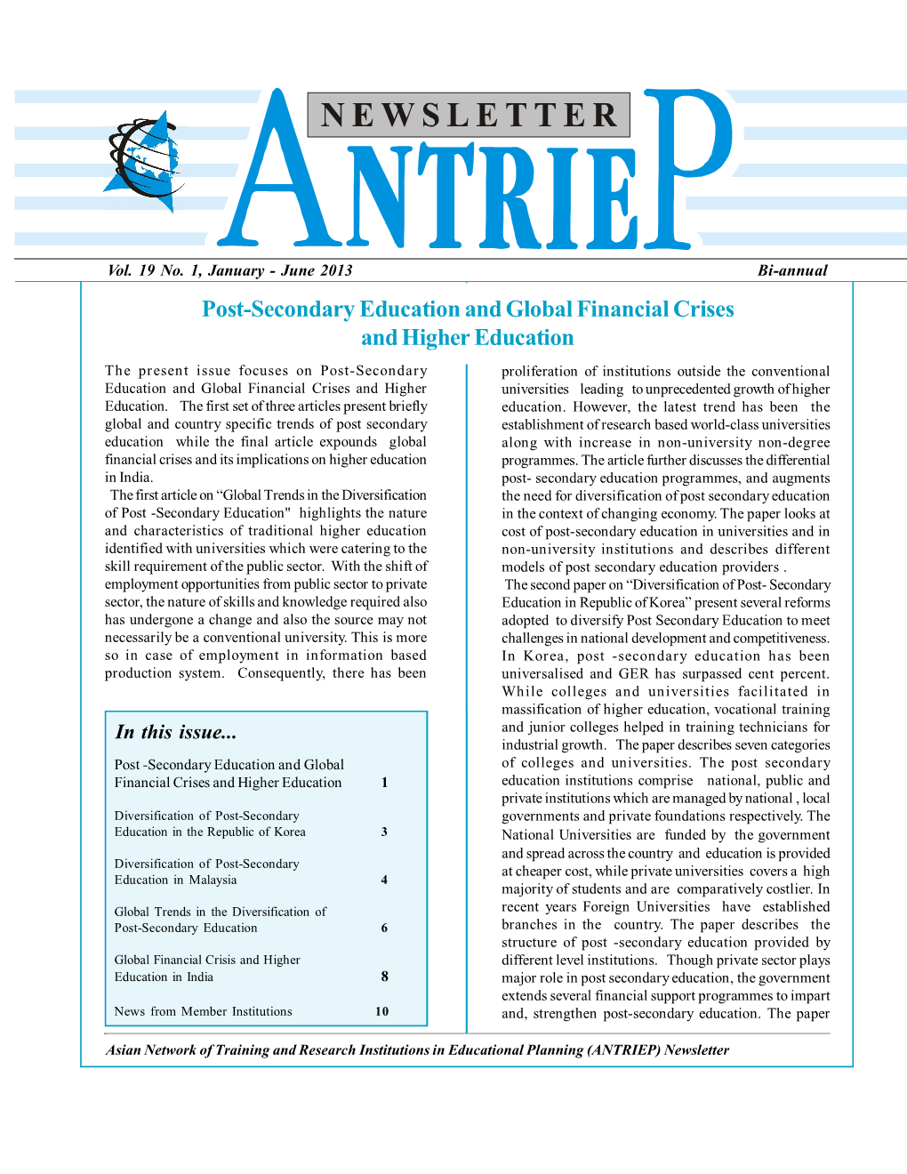 Post-Secondary Education and Global Financial Crises and Higher Education