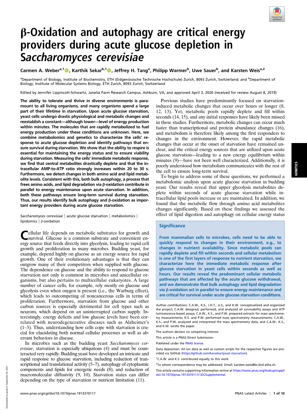 Β-Oxidation and Autophagy Are Critical Energy Providers During Acute Glucose Depletion in Saccharomyces Cerevisiae