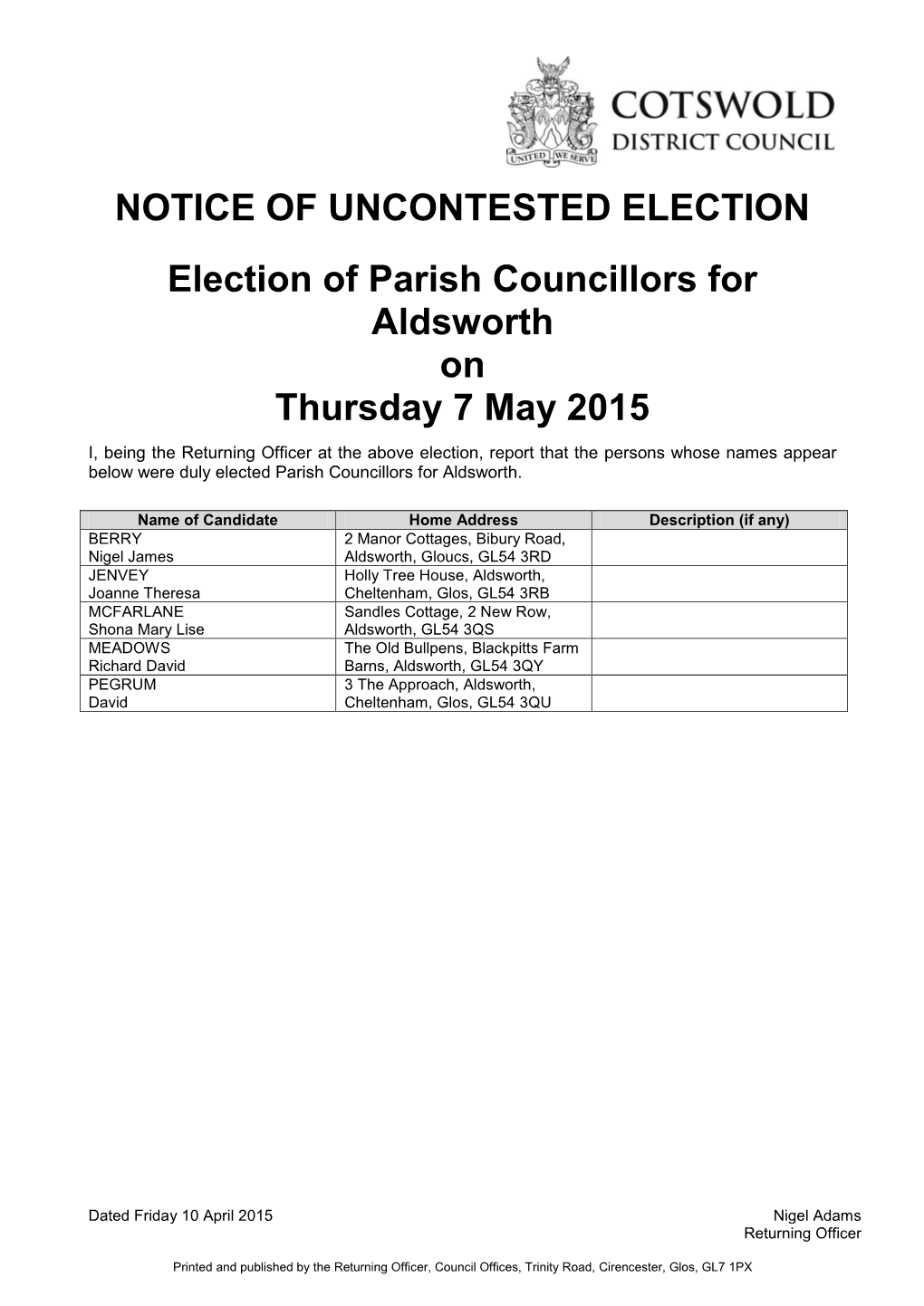 Uncontested Parish and Town Council