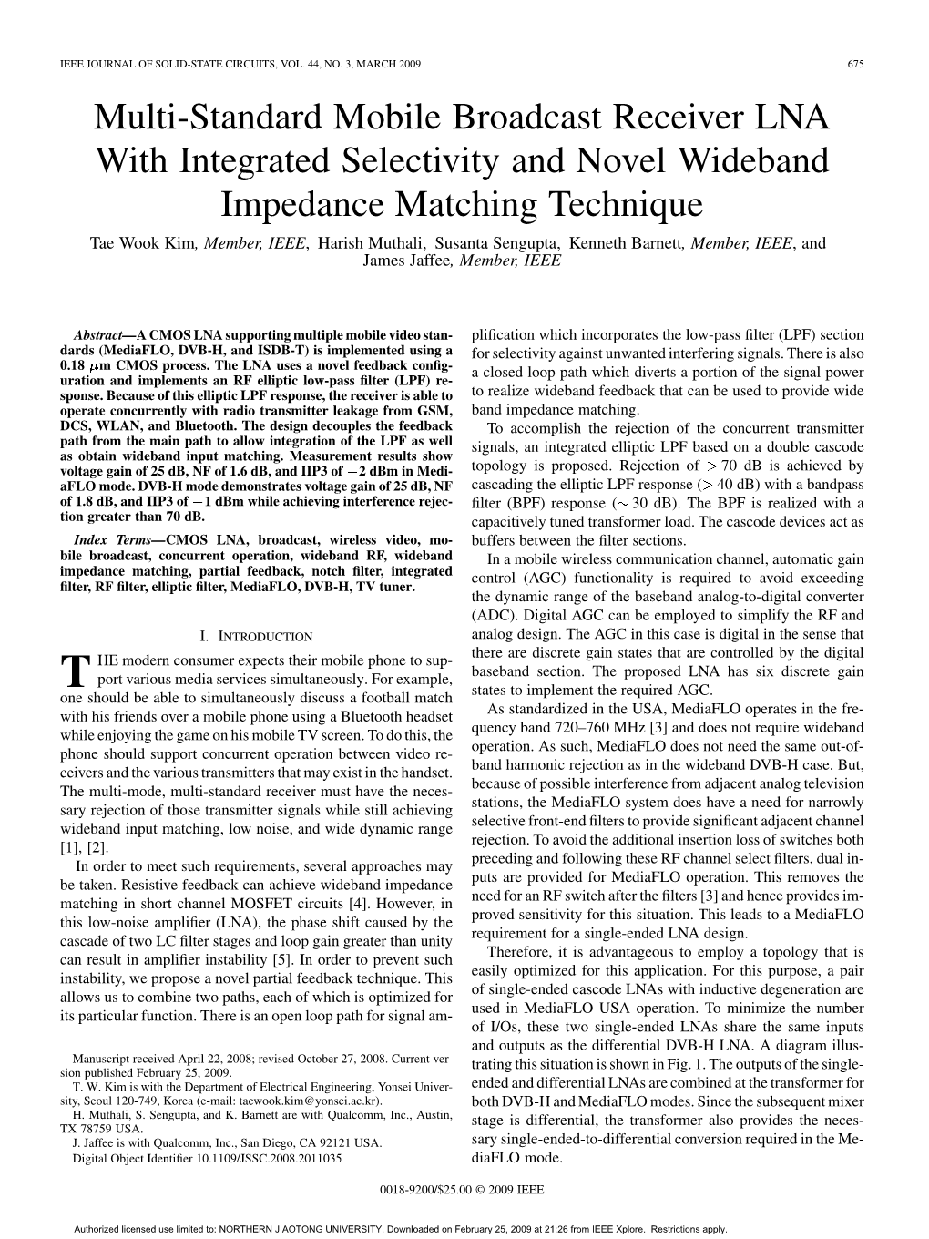 Multi-Standard Mobile Broadcast Receiver LNA with Integrated