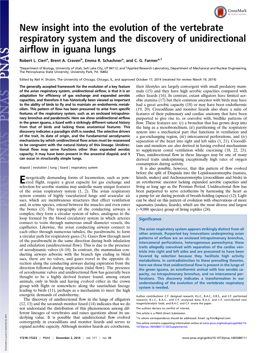 New Insight Into the Evolution of the Vertebrate Respiratory System and the Discovery of Unidirectional Airflow in Iguana Lungs