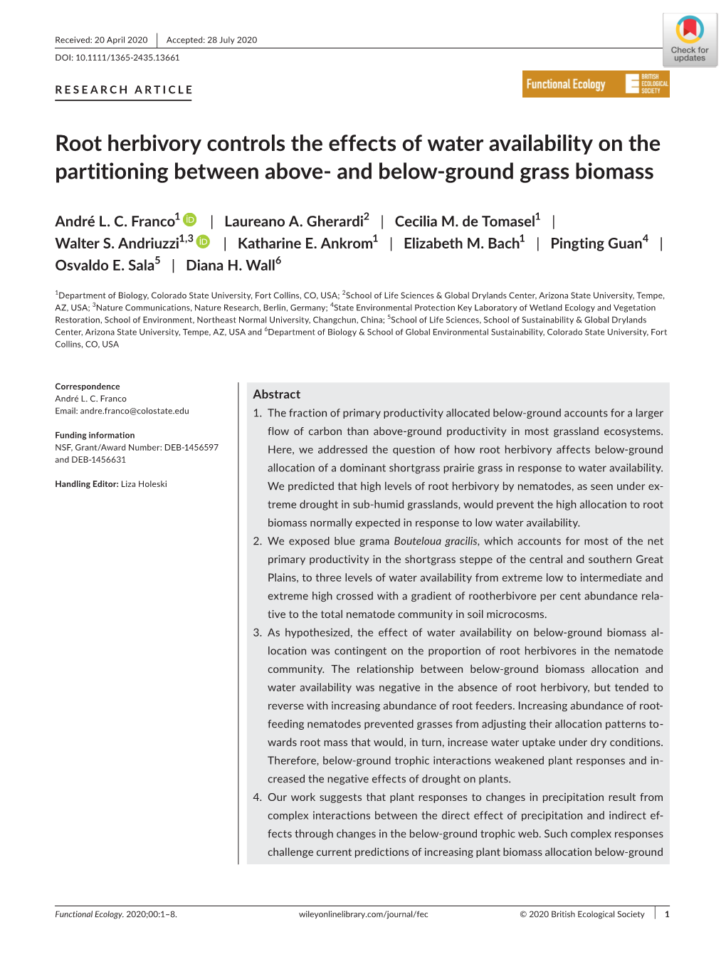 Root Herbivory Controls the Effects of Water Availability on the Partitioning Between Above‐ and Below‐Ground Grass Biomass