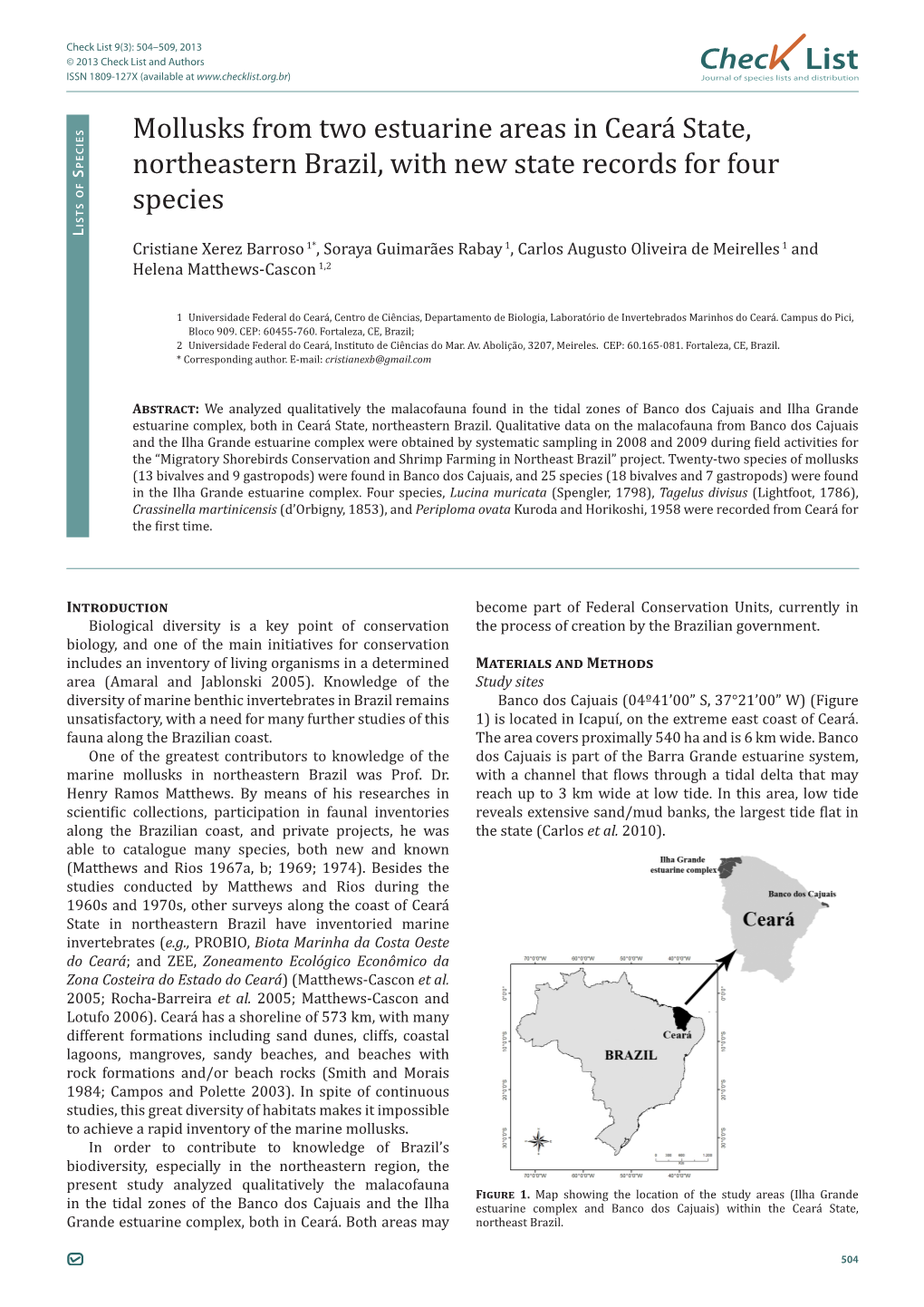 Check List 9(3): 504–509, 2013 © 2013 Check List and Authors Chec List ISSN 1809-127X (Available at Journal of Species Lists and Distribution