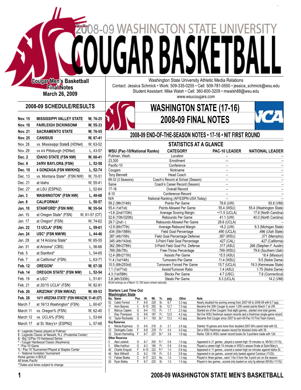 Washington State (17-16) 2008-09 Final Notes