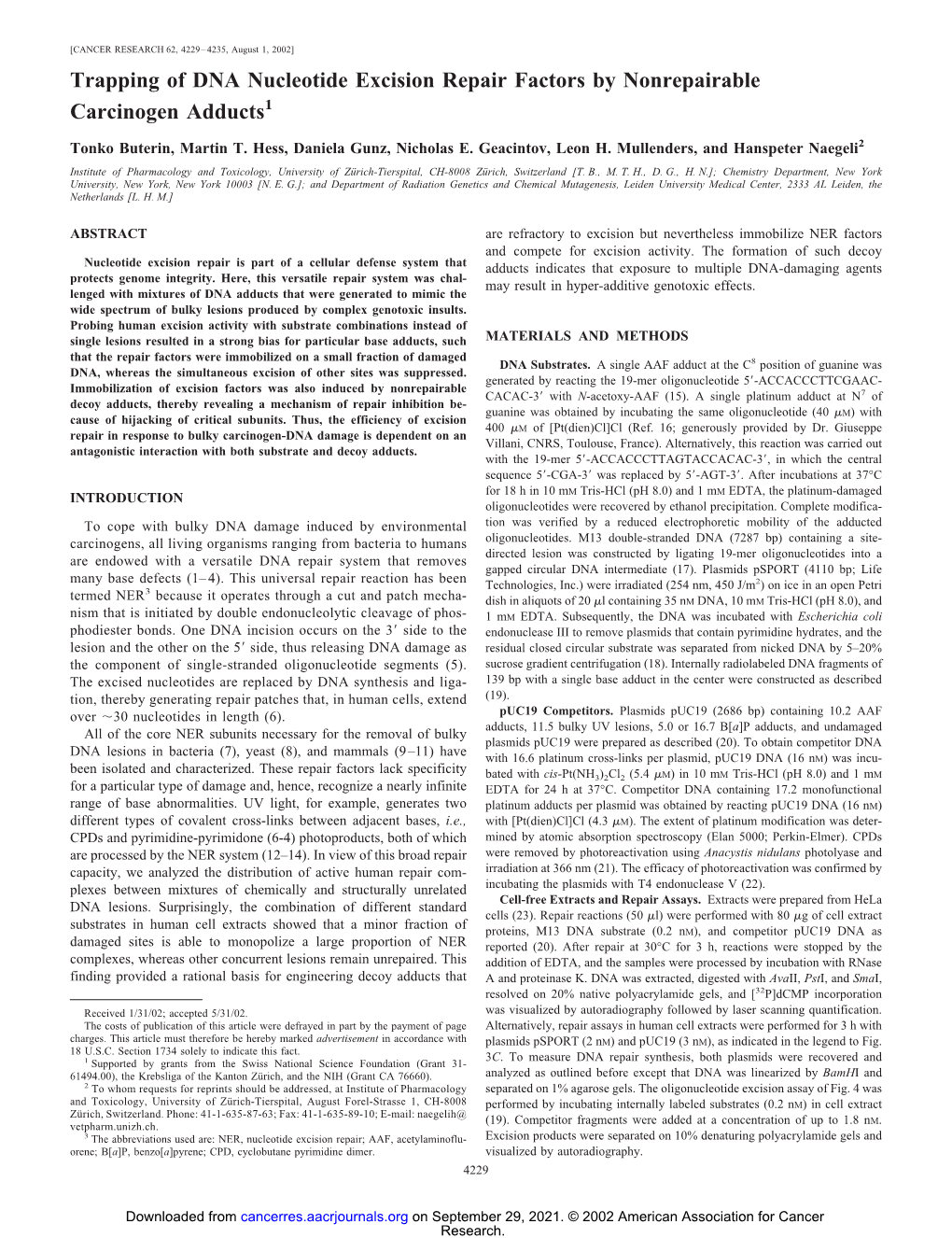 Trapping of DNA Nucleotide Excision Repair Factors by Nonrepairable Carcinogen Adducts1