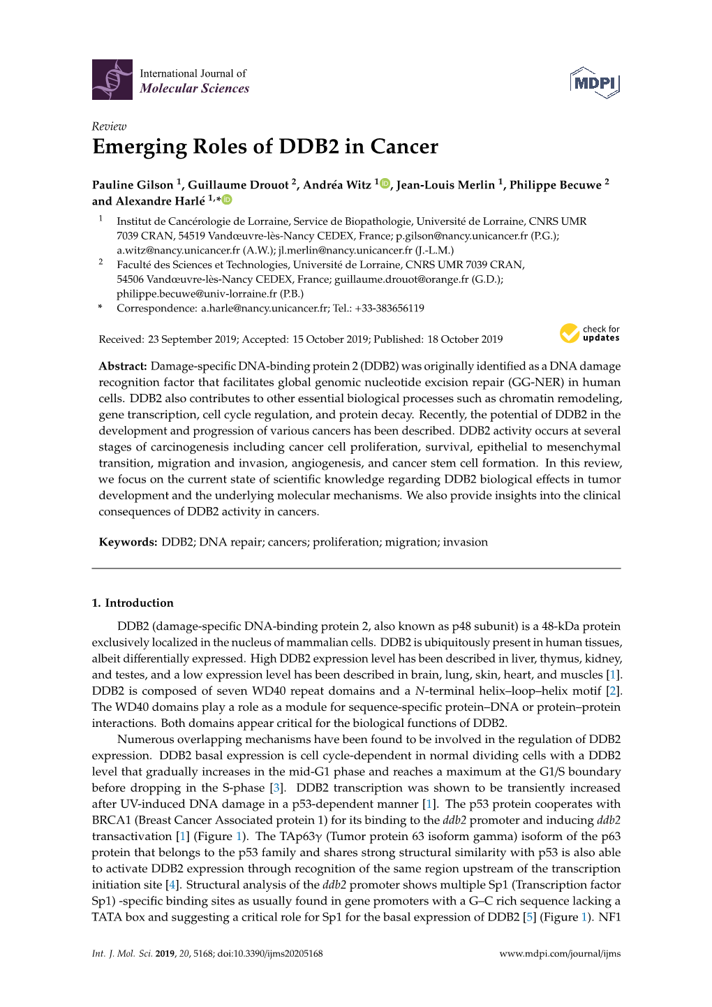 Emerging Roles of DDB2 in Cancer