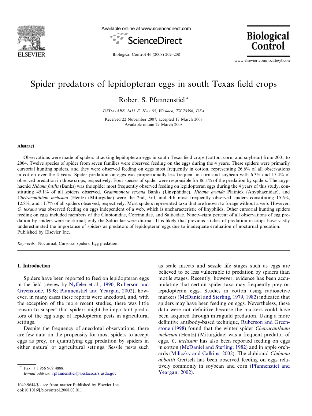 Spider Predators of Lepidopteran Eggs in South Texas Field Crops