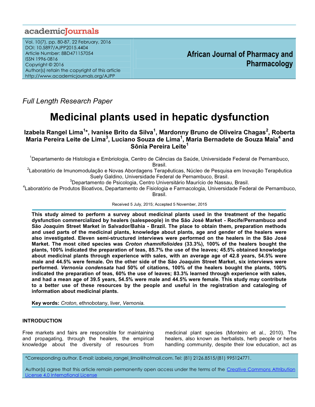 Medicinal Plants Used in Hepatic Dysfunction