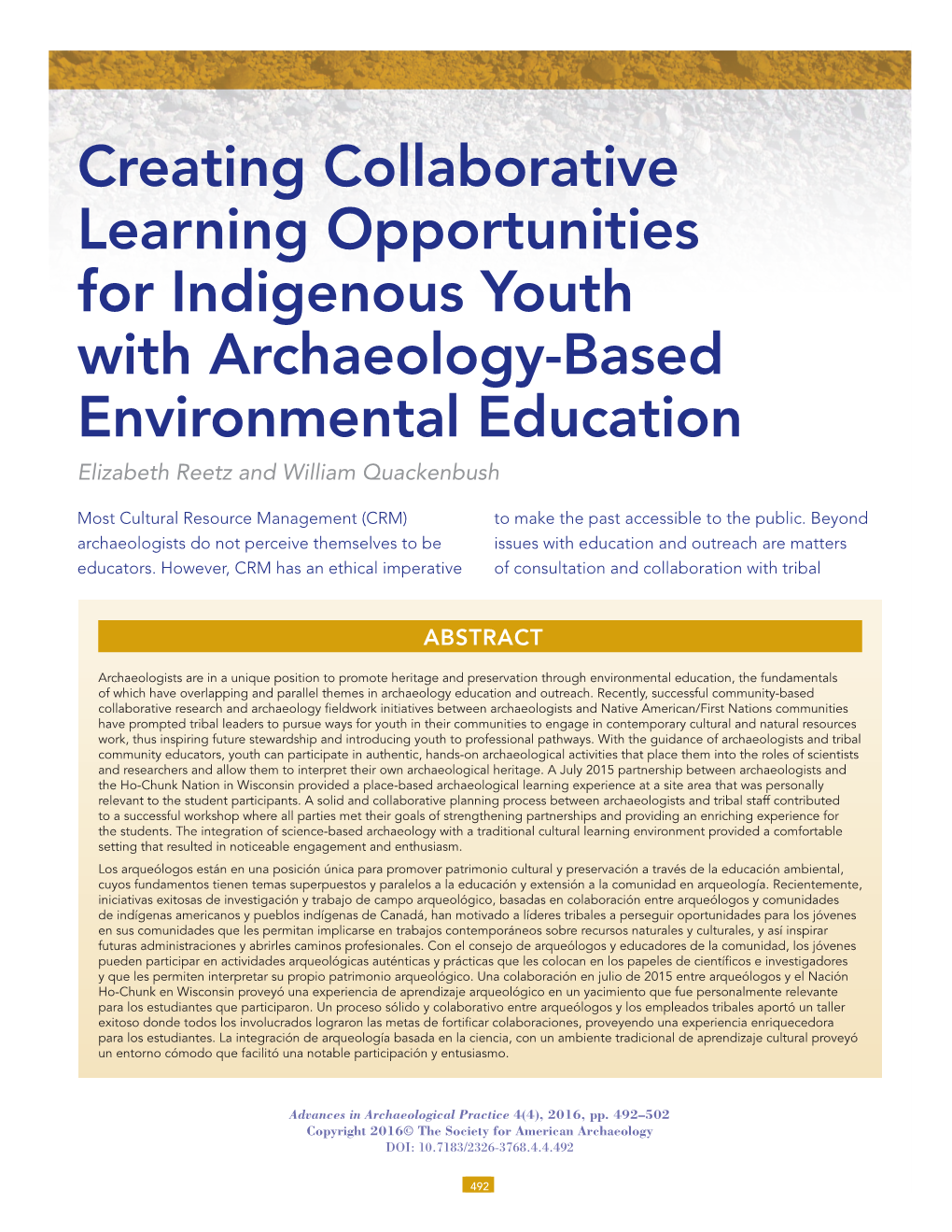 Creating Collaborative Learning Opportunities for Indigenous Youth with Archaeology-Based Environmental Education Elizabeth Reetz and William Quackenbush