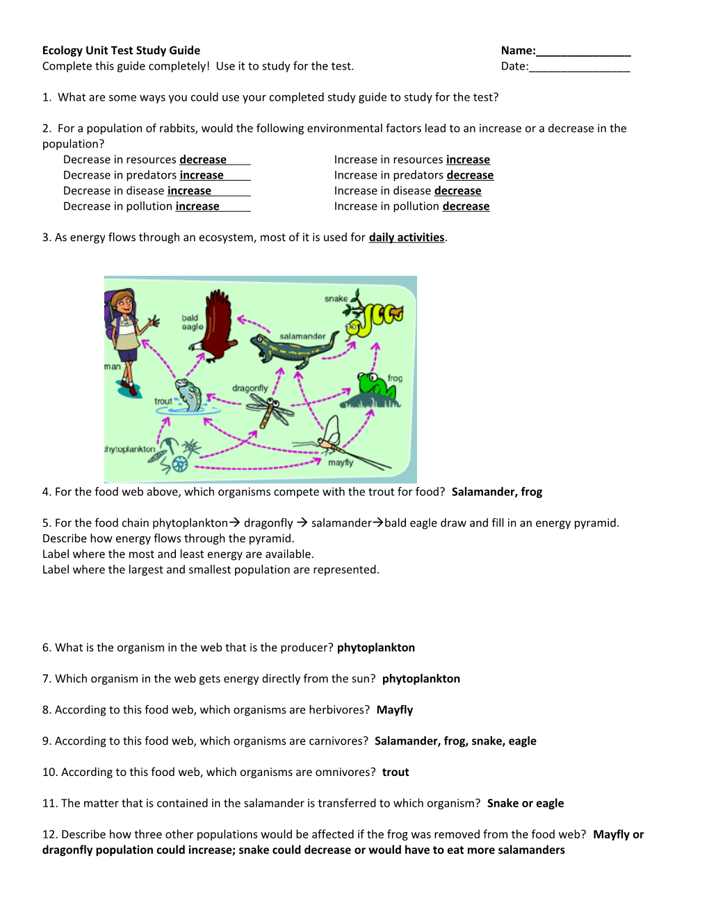 Ecology Unit Test Study Guide Name:______